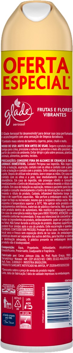 PURIFICADOR AEROSOL GLADE 360ML FRUTAS E FLORES VIBRANTES GRÁTIS 20%