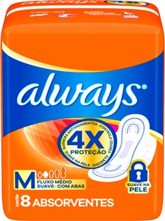ABSORVENTE ALWAYS BÁSICO 8UN COM COBERTURA SUAVE C/ ABAS FLUXO MEDIO
