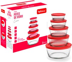 CONJUNTO POTES DE VIDRO REDONDO WELLMIX CAIRO COM TAMPA VERMELHA